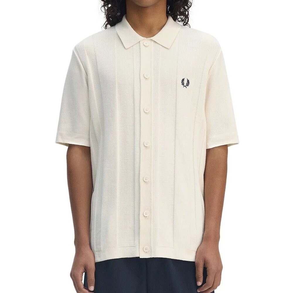 Fred Perry Men's Button Front SS Cotton Knit Pattern Logo Polo Shirt K9727 Ecru